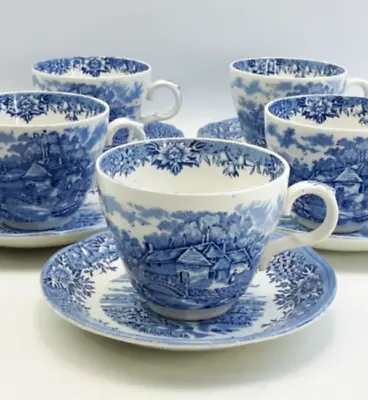 Buy Salem China English Village - 5x Tea Cups & Saucers - Vintage Blue & White • 38£