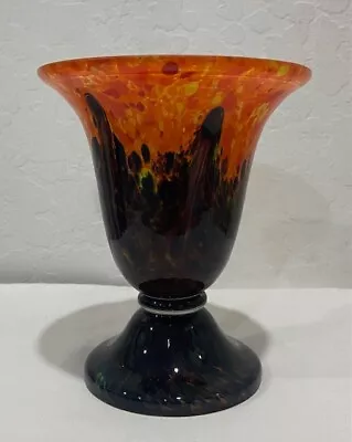 Buy Stunning Czech Abstract Orange & Black Pedestal Vase Wide Top Heavy MINT • 104.36£