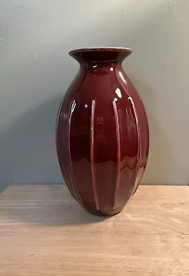 Buy Mid-Century Modern Art Pottery Ribbed Vase Subtle Versatile Maroon Color 10” • 17.04£