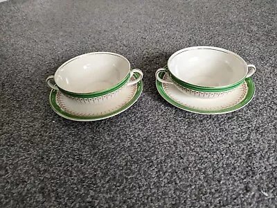 Buy 2 X Alfred Meakin Green With Gold Gilt Soup Bowls With Saucers • 7.50£