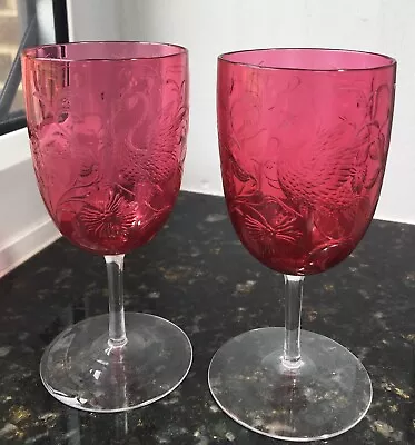 Buy Antique Pair Edwardian Cranberry Cut & Engraved Glasses- PHOENIX • 55£