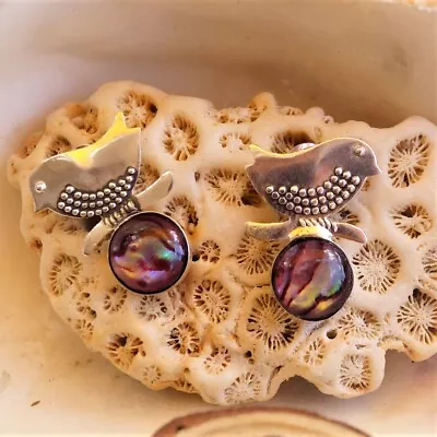 Buy Studs Earrings 925er Silver Art Bird Paua Shell Murano Glass Colourful Abalone • 27.43£