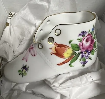Buy Vintage Herend Hungary Porcelain Hand Painted Floral Baby Shoe Pink Bow  • 86.44£