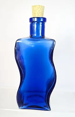 Buy Vintage Blue Art Glass Wavy Bottle With Cork Stopper - Excellent Condition • 14.99£