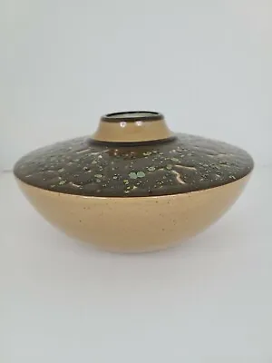 Buy Studio Art Pottery Vase Artist Signed Beige Speckle With Dark Brown And Crackle • 15.65£