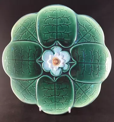 Buy Antique Majolica Green Lily Flower Moulded Earthenware Dish Plate 20cm • 9.99£