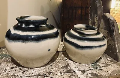 Buy 2 Fangfoss Pottery Pots/Vases Cream With Dark Blue Accents 10cm Tall & 8cm Tall • 26£