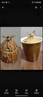 Buy 2 X Vintage Secla? Honey Pot Bee Lid Ceramic Pottery Preserve Jars • 12£