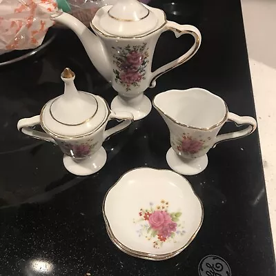 Buy Miniature Tea Set Porcelain Teapot Creamer & Sugar Bowl Pink Red White Rose 5 Pc • 21.69£