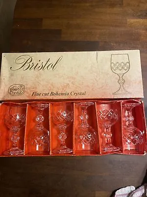 Buy Vintage Box Of 6 Bristol Fine Cut Bohemia Crystal 90ml Glasses Excellent Cond. • 15£