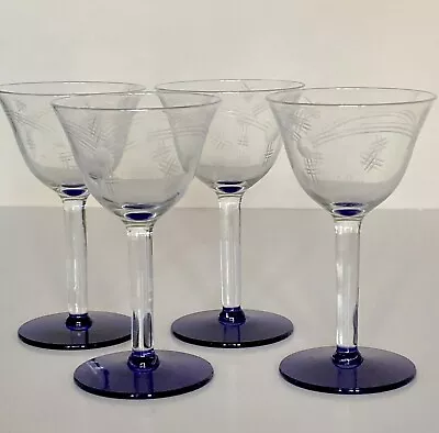 Buy Vintage Clear Cobalt Blue Stem Base Etched Wine Cordial Glasses Set 4 • 19£