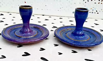Buy Canterbury Pottery Small Candlesticks X 2, Blue Glaze, Incense Holders - VGC • 22£