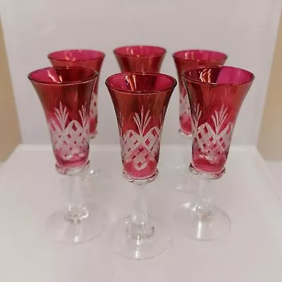 Buy Set Of Six Vintage Possibly Czech Bohemia Red / Cranberry Sherry Glasses • 9.99£