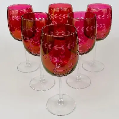 Buy 6 Vintage Bohemian Wine Glasses Cranberry Pink Glass Iridescent Cut To Clear • 60£