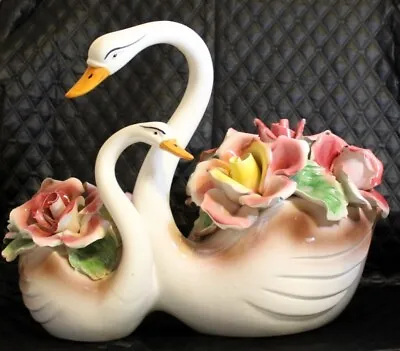 Buy Large 12  Capodimonte Italy Centerpiece: White Swans & Floral Rose Bouquets • 118.27£