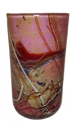 Buy Art Glass Swirl Cranberry Vase Lines Pink Red  Gold White Signed Dated  • 60.71£