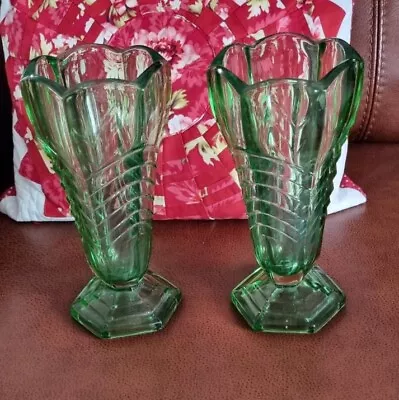 Buy Davidson Art Deco 1930's Green Glass Chevron Pair Of Vases • 8.50£