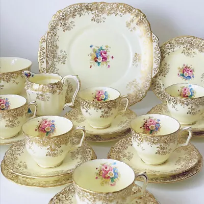Buy Vintage Lemon Yellow Crown Staffordshire 21 Piece Tea Set, Handpainted Flowers • 120£
