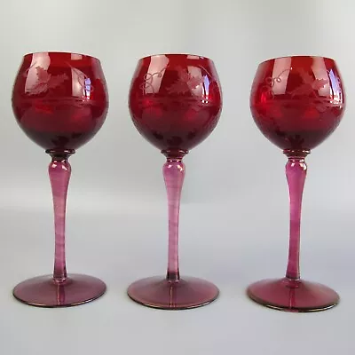 Buy Ruby Red Wine Glasses X 3. Hock Champagne Cocktail. Etched. 1950s Vintage. 200ml • 29.99£