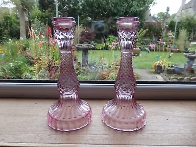 Buy 2 Vintage Pink Pressed Glass Candle Stick Holders • 30£