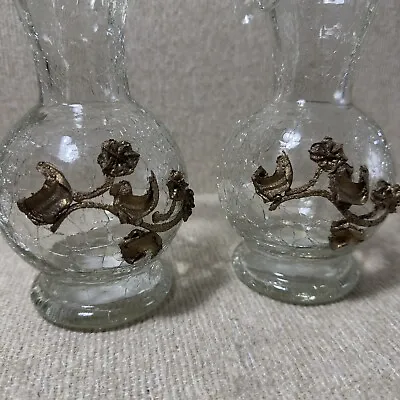 Buy 1940's Pair Bud Vases Ruffled Top Crackle Glass Applied Brass Flowers Beautiful • 18.95£
