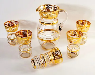Buy Vintage MCM 1950s Czech Bohemian Gold Gilt Lemonade Jug / Pitcher & Glasses Set • 30£