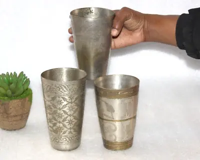 Buy 1930's Brass Handcrafted Floral Engraved Milk Lassi Brass Drinking Glass 3pc • 111.89£