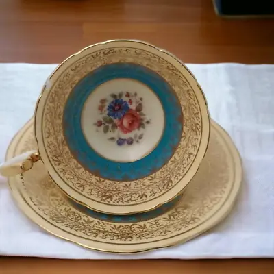 Buy Vintage Aynsley England Tea Cup And Saucer Turquoise Blue Bone China Gold # 7773 • 71.15£
