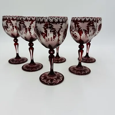 Buy Bohemian Egermann Cut To Clear Ruby Red Wine Etched Glasses Set Vintage  • 331.92£