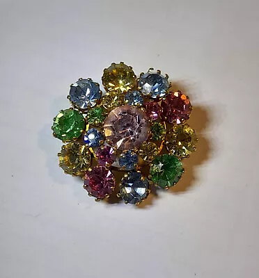 Buy Multicolour Green Pink Blue Circular Sparkly Crystal Brooch Goldtone Czech? • 5.99£
