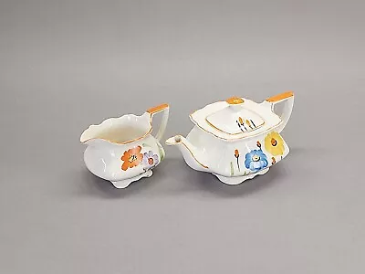 Buy Art Deco Myott Son & Co Teapot & Milk Jug. Colour Cream/Orange/ Floral Design. • 19.95£