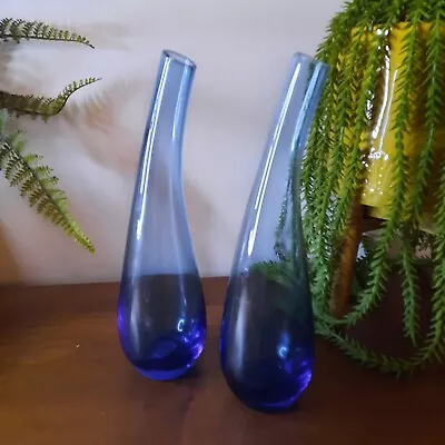 Buy Two (2) X Vintage Ikea Vases - Cobalt Blue Glass - Bent Neck Tear Drop Bud Vase • 12£