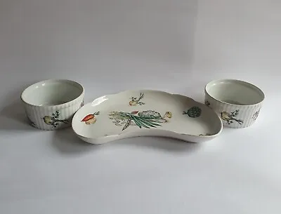 Buy Vintage French Apilco Porcelain Crescent Plate & 2 Ramekins Veg Pattern API 14 • 8£