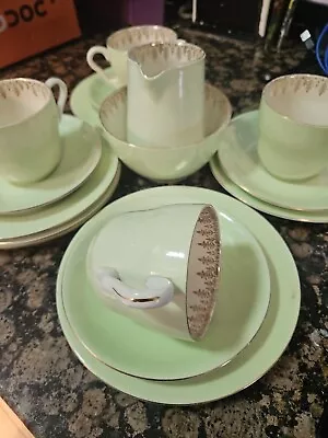 Buy Elijah Cotton Lord Nelson Ware Cups Saucer Plates Set Trio Pale Green Gold  • 5.99£
