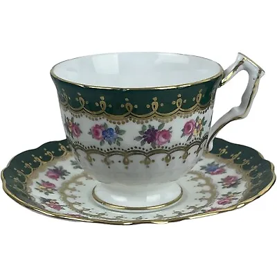 Buy Vintage Ansley #2466 Bone China Footed Cup & Saucer England Green Border Gold • 47.31£