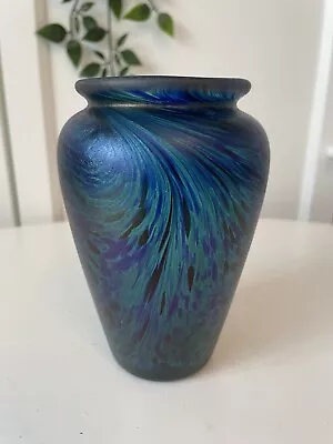 Buy Vintage Blue Lustre Iridescent Rainbow Art Glass Swirled Vase • 49£