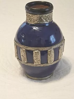 Buy VTG Moroccan Cobalt Blue Glazed Clay Vase 7.5  T. W Silver/gold Inlay Handmade. • 52.84£