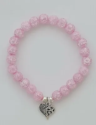 Buy Handmade Pink Crackle Glass 6mm Bead Bracelet Antique Silver Colour Love Heart • 3.99£