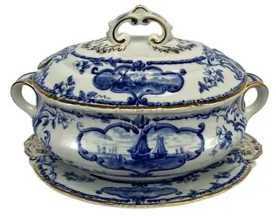 Buy Antique Cauldon English Blue White Gilt Delft Delftland Porcelain Sauce Tureen • 187.77£