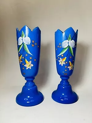 Buy Antique Pair Of French Blue Opaline, Decorated Vases, Bristol, Cut, Mitered Top • 45.32£