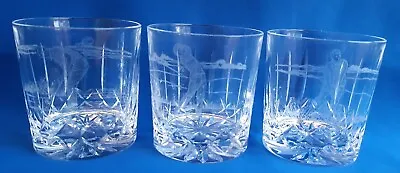 Buy Set Of Vintage 3 Edinbugh Crystal Cut Glass Whiskey Glasses With Golf Etchings • 18£
