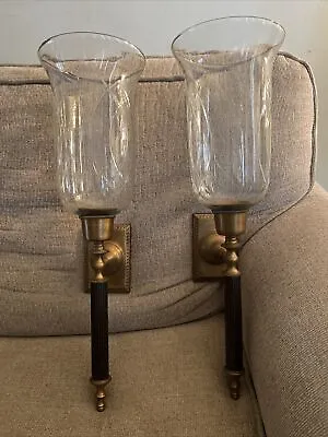 Buy Large Pair Brass Wall Torch Sconce Candle Holders Cut Glass Hurricane Globes Vtg • 155.15£