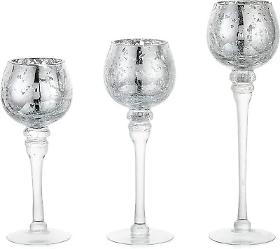 Buy Long Stem Glass Candle Holder - Set Of 3 Tall Tea Lights Candle Holders, Silver  • 46.55£