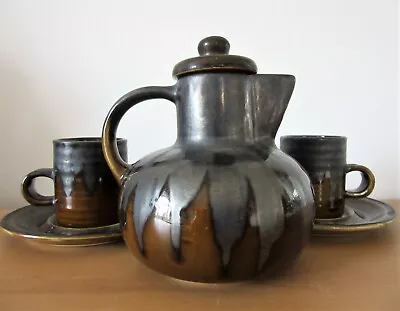 Buy Vintage Beddgelert Wales Studio Pottery Coffee Jug 2 Cup/saucer Set, Drip Glaze • 19.50£