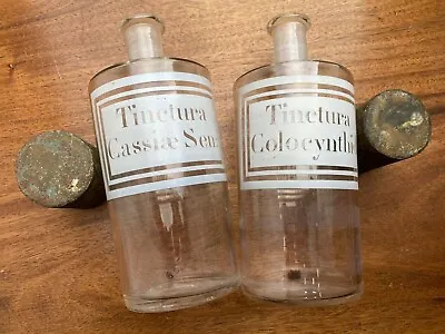 Buy A Pair Of Antique French Apothecary Bottles 8  With Lids / Acid Etched Labels • 65£