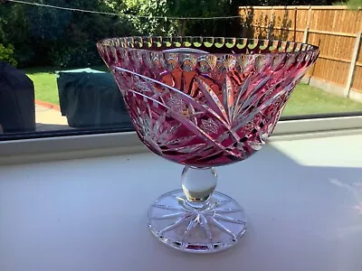 Buy Very Large Cranberry Cut To Clear Glass Pedestal Bowl • 95£