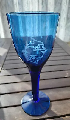 Buy Vintage Hand Blown Heavy Cobalt Blue Unusual Wine Glass, Etched Dolphin Design • 4.99£
