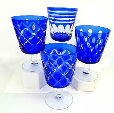 Buy Chinese Crystal Cobalt Cut To Clear Criss Cross 4pc Vintage 5 7/8  Goblets 1960 • 75.40£