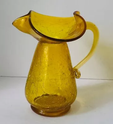 Buy Vintage Hand Blown Crackle Glass Yellow Amber Mini Pitcher Creamer 3 Inch • 13.28£