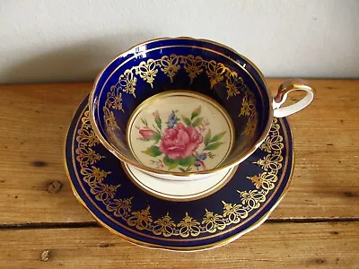 Buy Aynsley Bone China Vintage Cabinet Tea Cup & Saucer Cobalt Blue Cabbage Rose • 75£